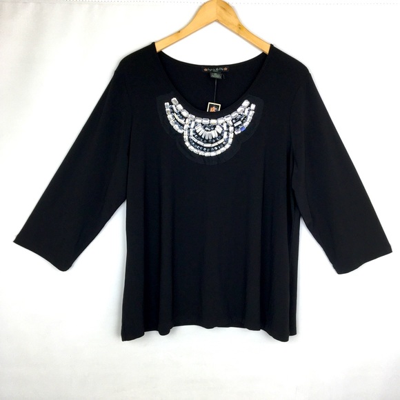 Suzie In The City Tops - Suzie In The City 3/4 Sleeve Beaded Top Black Sz 3X NWT
